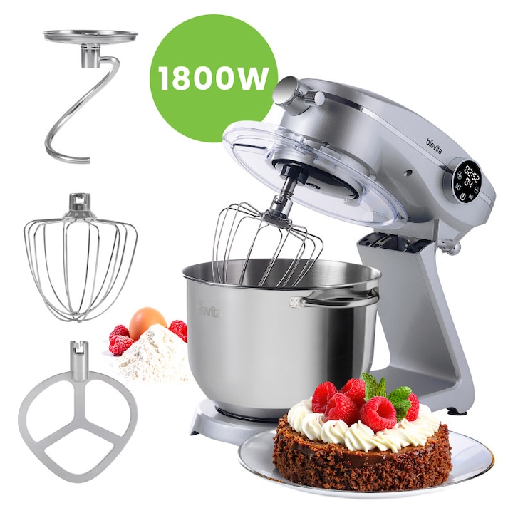 Mixer cu Bol de 6 L din Inox, 1800 W, 2 kg Aluat, Carcasa Aluminiu, 10 Viteze, Timer, 3 Accesorii Inox, Biovita MB-1800-NOVA Review si Pareri